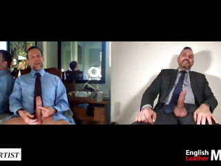 Teamlocked businessmen discuss Chasity employee while jerking PREVIEW